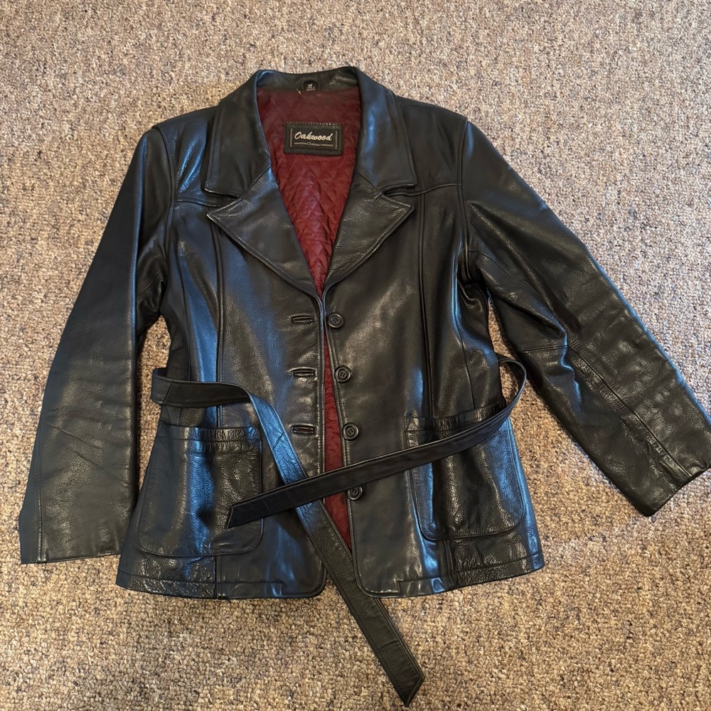 VINTAGE 1990’s button down Black Leather Jacket with‎ Belt